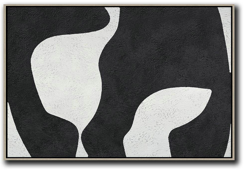 Hand Painted Oversized Horizontal Minimal Art On Canvas, Black And White Minimalist Painting,Modern Wall Art #O0G0